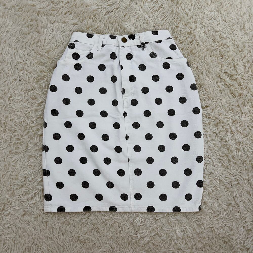 Vintage 1990s Mango Bay White Polka Dot Denim Mini Skirt 23" Waist